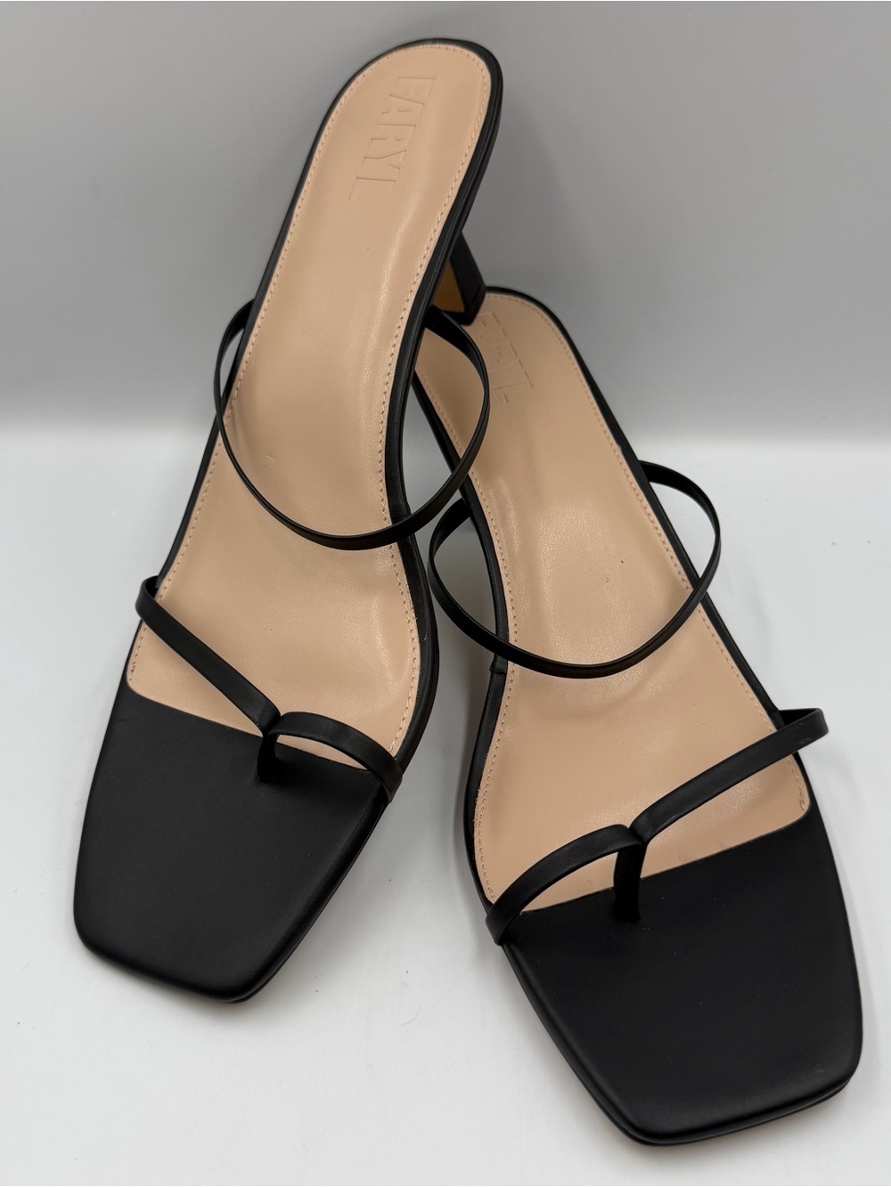 Faryl by Farylrobin Aria Black Leather Sandal Strappy 3" Heel Women 16M Toe Loop